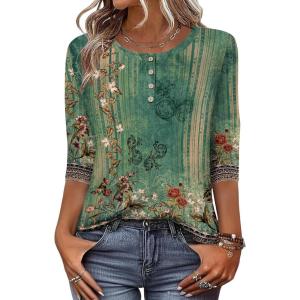Zeagoo 3/4 Length Sleeve Women Tops Crew Neck Blouses Dressy Casual Summer T Shirts Loose Fit Business Work Clothes(Mz808-green)