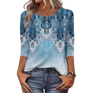 Zeagoo 3/4 Length Sleeve Women Tops Crew Neck Blouses Dressy Casual Summer T Shirts Loose Fit Business Work Clothes(Mz837-blue Green)