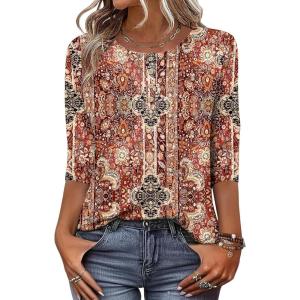 Zeagoo 3/4 Length Sleeve Women Tops Crew Neck Blouses Dressy Casual Summer T Shirts Loose Fit Business Work Clothes(Mz896)