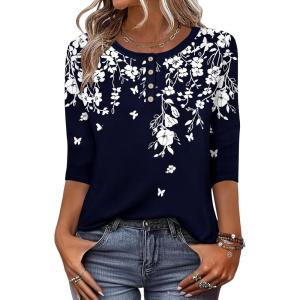 Zeagoo 3/4 Length Sleeve Women Tops Crew Neck Blouses Dressy Casual Summer T Shirts Loose Fit Business Work Clothes(Sf103-navy Blue Leaves)
