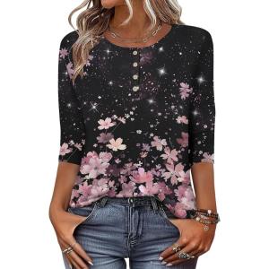 Zeagoo 3/4 Length Sleeve Women Tops Crew Neck Blouses Dressy Casual Summer T Shirts Loose Fit Business Work Clothes(Sf31-pink Flower)