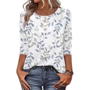 Zeagoo 3/4 Length Sleeve Women Tops Crew Neck Blouses Dressy Casual Summer T Shirts Loose Fit Business Work Clothes(Sp106-leaves)