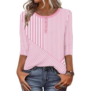 Zeagoo 3/4 Length Sleeve Women Tops Crew Neck Blouses Dressy Casual Summer T Shirts Loose Fit Business Work Clothes(Tz300-pink)