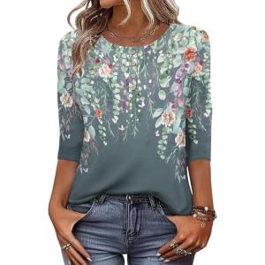 Zeagoo 3/4 Length Sleeve Women Tops Crew Neck Blouses Dressy Casual Summer T Shirts Loose Fit Business Work Clothes(Wf71-grey)
