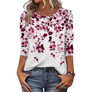 Zeagoo 3/4 Length Sleeve Women Tops Crew Neck Blouses Dressy Casual Summer T Shirts Loose Fit Business Work Clothes(Wf74-purple Leaves)