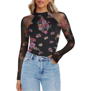 Zeagoo Long Sleeve Shirts for Women Floral Mesh Sheer Top Mock Neck Double Lined Fitted Going Out Blouses(Bf298)