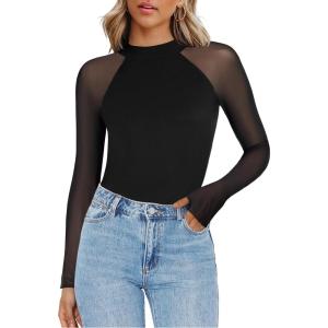 Zeagoo Long Sleeve Shirts for Women Floral Mesh Sheer Top Mock Neck Double Lined Fitted Going Out Blouses(Black)