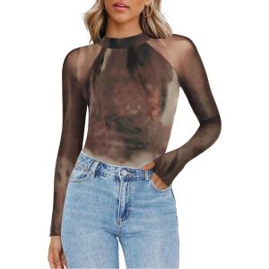Zeagoo Long Sleeve Shirts for Women Floral Mesh Sheer Top Mock Neck Double Lined Fitted Going Out Blouses(Cx291)