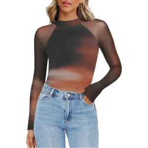 Zeagoo Long Sleeve Shirts for Women Floral Mesh Sheer Top Mock Neck Double Lined Fitted Going Out Blouses(Cx292)