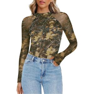 Zeagoo Long Sleeve Shirts for Women Floral Mesh Sheer Top Mock Neck Double Lined Fitted Going Out Blouses(Cx295)