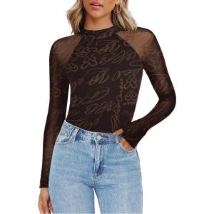 Zeagoo Long Sleeve Shirts for Women Floral Mesh Sheer Top Mock Neck Double Lined Fitted Going Out Blouses(Cx299)