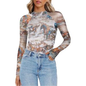 Zeagoo Long Sleeve Shirts for Women Floral Mesh Sheer Top Mock Neck Double Lined Fitted Going Out Blouses(Dw137)