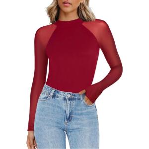 Zeagoo Long Sleeve Shirts for Women Floral Mesh Sheer Top Mock Neck Double Lined Fitted Going Out Blouses(Red)