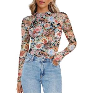 Zeagoo Long Sleeve Shirts for Women Floral Mesh Sheer Top Mock Neck Double Lined Fitted Going Out Blouses(Wf66)