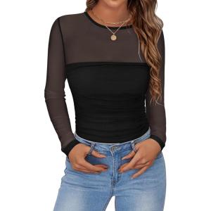 Zeagoo Long Sleeve Shirts for Women Sheer Mesh Sexy Blouses Fall Fashion Crewneck Going Out Tops(Black)