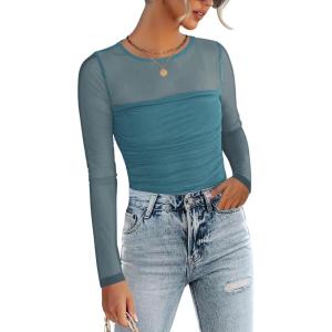 Zeagoo Long Sleeve Shirts for Women Sheer Mesh Sexy Blouses Fall Fashion Crewneck Going Out Tops(Blue)