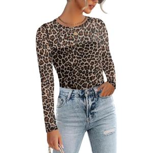 Zeagoo Long Sleeve Shirts for Women Sheer Mesh Sexy Blouses Fall Fashion Crewneck Going Out Tops(Brown Leopard Print)