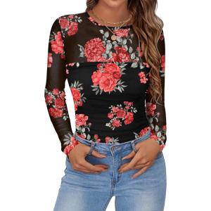 Zeagoo Long Sleeve Shirts for Women Sheer Mesh Sexy Blouses Fall Fashion Crewneck Going Out Tops(Floral Print-bf300)