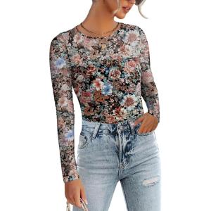 Zeagoo Long Sleeve Shirts for Women Sheer Mesh Sexy Blouses Fall Fashion Crewneck Going Out Tops(Floral Print-wf66)