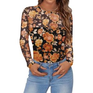 Zeagoo Long Sleeve Shirts for Women Sheer Mesh Sexy Blouses Fall Fashion Crewneck Going Out Tops(Floral Print-wf75)