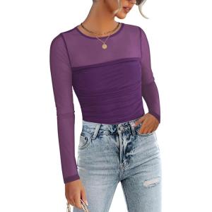 Zeagoo Long Sleeve Shirts for Women Sheer Mesh Sexy Blouses Fall Fashion Crewneck Going Out Tops(Purple)