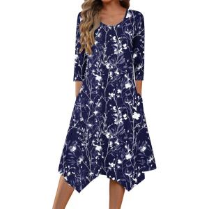Zeagoo Midi Dresses Women 2026 Spring Dress 3/4 Sleeve Casual Dresses with Pockets A Line Summer Beach Sundress(Blue Flower)