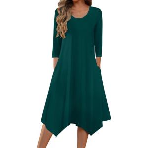 Zeagoo Midi Dresses Women 2026 Spring Dress 3/4 Sleeve Casual Dresses with Pockets A Line Summer Beach Sundress(Dark Green)