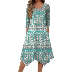 Zeagoo Midi Dresses Women 2026 Spring Dress 3/4 Sleeve Casual Dresses with Pockets A Line Summer Beach Sundress(Ethnic Green Apricot)
