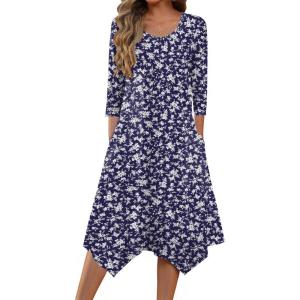 Zeagoo Midi Dresses Women 2026 Spring Dress 3/4 Sleeve Casual Dresses with Pockets A Line Summer Beach Sundress(Flower Branch)