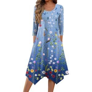 Zeagoo Midi Dresses Women 2026 Spring Dress 3/4 Sleeve Casual Dresses with Pockets A Line Summer Beach Sundress(Gradient Blue)