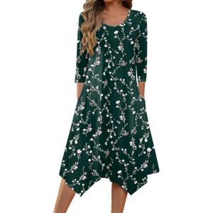 Zeagoo Midi Dresses Women 2026 Spring Dress 3/4 Sleeve Casual Dresses with Pockets A Line Summer Beach Sundress(Green Printing)