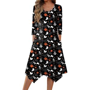 Zeagoo Midi Dresses Women 2026 Spring Dress 3/4 Sleeve Casual Dresses with Pockets A Line Summer Beach Sundress(Halloween Black)