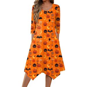 Zeagoo Midi Dresses Women 2026 Spring Dress 3/4 Sleeve Casual Dresses with Pockets A Line Summer Beach Sundress(Halloween Pumpkin)