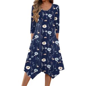 Zeagoo Midi Dresses Women 2026 Spring Dress 3/4 Sleeve Casual Dresses with Pockets A Line Summer Beach Sundress(Navy Flower)