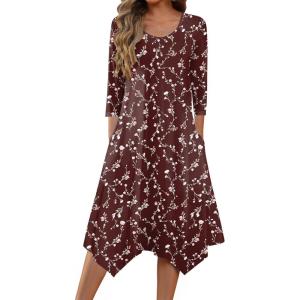 Zeagoo Midi Dresses Women 2026 Spring Dress 3/4 Sleeve Casual Dresses with Pockets A Line Summer Beach Sundress(Red Printing)