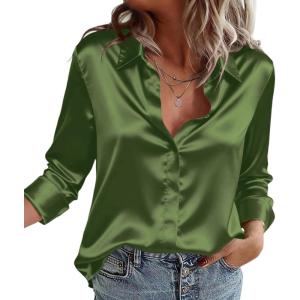 Zeagoo Satin Blouses for Women Casual Long Sleeve Button Down Silk Shirts Dressy Business Work Tunic Top(Army Green)