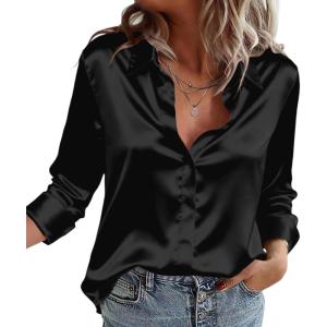 Zeagoo Satin Blouses for Women Casual Long Sleeve Button Down Silk Shirts Dressy Business Work Tunic Top(Black)