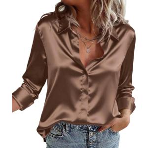 Zeagoo Satin Blouses for Women Casual Long Sleeve Button Down Silk Shirts Dressy Business Work Tunic Top(Brown)