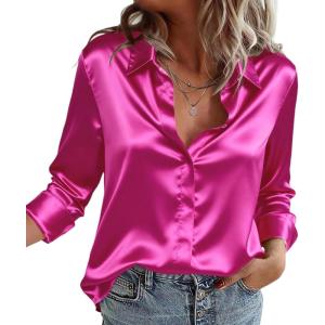 Zeagoo Satin Blouses for Women Casual Long Sleeve Button Down Silk Shirts Dressy Business Work Tunic Top(Hot Pink)