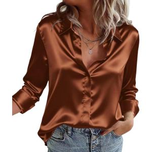 Zeagoo Satin Blouses for Women Casual Long Sleeve Button Down Silk Shirts Dressy Business Work Tunic Top(Light Brown)