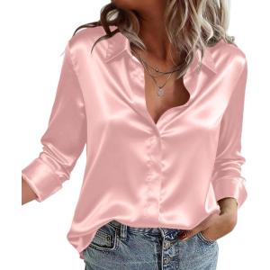 Zeagoo Satin Blouses for Women Casual Long Sleeve Button Down Silk Shirts Dressy Business Work Tunic Top(Light Pink)