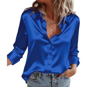 Zeagoo Satin Blouses for Women Casual Long Sleeve Button Down Silk Shirts Dressy Business Work Tunic Top(Royal Blue)