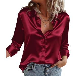 Zeagoo Satin Blouses for Women Casual Long Sleeve Button Down Silk Shirts Dressy Business Work Tunic Top(Wine Red)