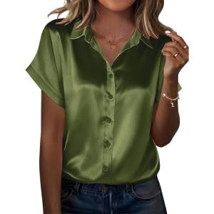Zeagoo Silk Blouse for Women Short Sleeve Satin Button Down Shirts Casual Loose V-Neck Business Work Tunic Top(Army Green)