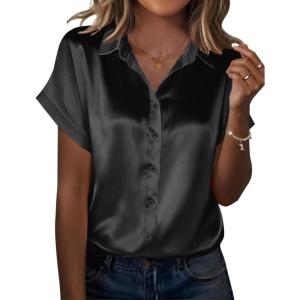 Zeagoo Silk Blouse for Women Short Sleeve Satin Button Down Shirts Casual Loose V-Neck Business Work Tunic Top(Black)