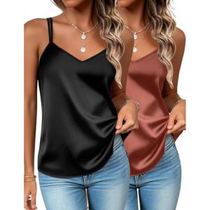 Zeagoo Silk Camisole Tops for Women 2026 V Neck Satin Tank Top Spaghetti Strap Cross Back Sleeveless Summer Blouses(2 Pack: Black+caramel)