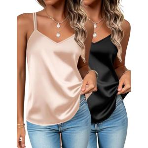 Zeagoo Silk Camisole Tops for Women 2026 V Neck Satin Tank Top Spaghetti Strap Cross Back Sleeveless Summer Blouses(2 Pack: Black+champagne)