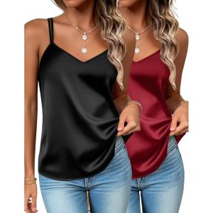 Zeagoo Silk Camisole Tops for Women 2026 V Neck Satin Tank Top Spaghetti Strap Cross Back Sleeveless Summer Blouses(2 Pack: Black+wine Red)