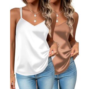 Zeagoo Silk Camisole Tops for Women 2026 V Neck Satin Tank Top Spaghetti Strap Cross Back Sleeveless Summer Blouses(2 Pack: Brown+white)