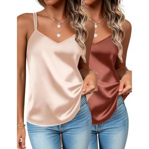 Zeagoo Silk Camisole Tops for Women 2026 V Neck Satin Tank Top Spaghetti Strap Cross Back Sleeveless Summer Blouses(2 Pack: Champagne+caramel)